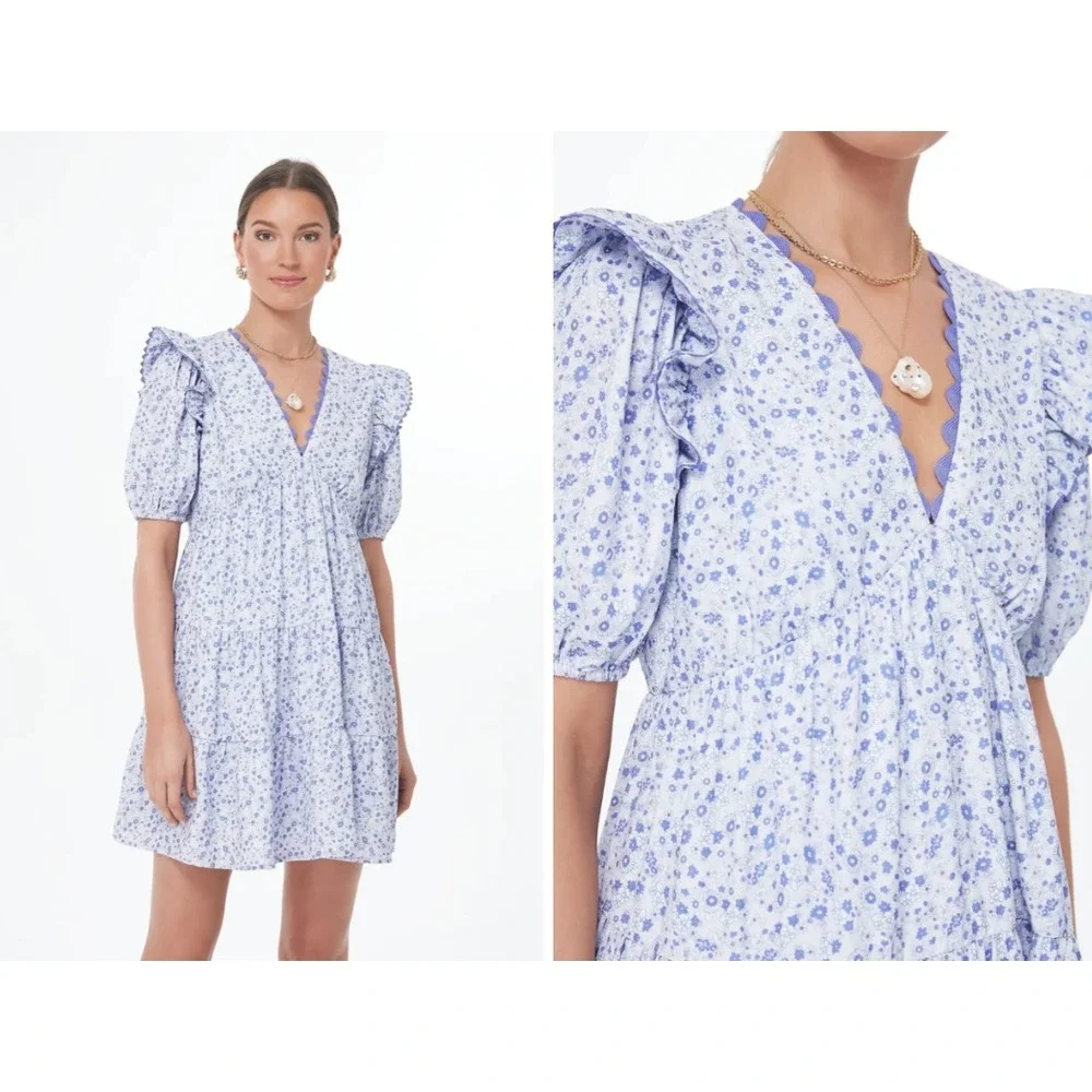 Hyacinth House Blue Floral Ric-Rac Trim Tiered Mini Babydoll Dress Womens XL - Picture 1 of 5